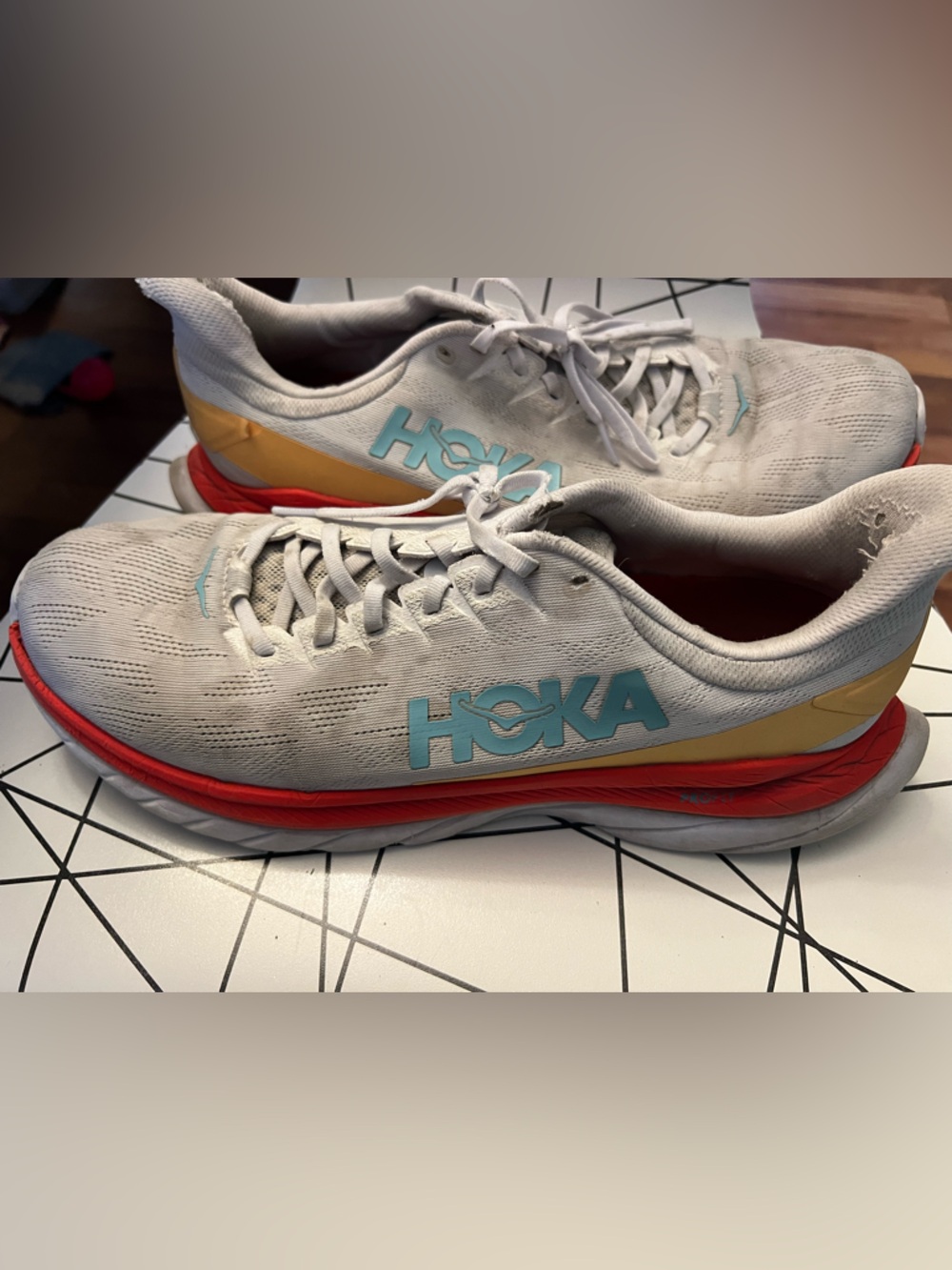 Hoka Neutral-Gray Running Shoes with Teal Logo and Red/Gold Accents Sz 12